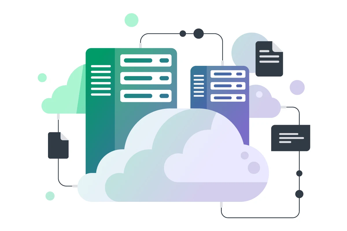 Illustration depicting a cloud icon and a server icon side by side, representing the comparison between cloud and on-premise solutions. The cloud icon is shown with a cloud-shaped background, while the server icon has a server rack in the background.
