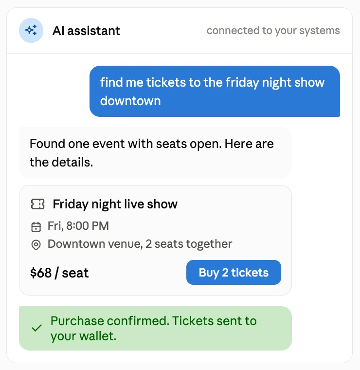 MCP server integration for ticketing: AI agent finds seats and completes a purchase in chat